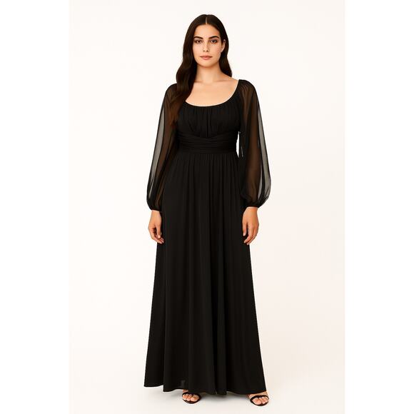 1970s American Vintage Black Sheer Sleeve Maxi ruched waist Dress medium - Picture 1 of 17